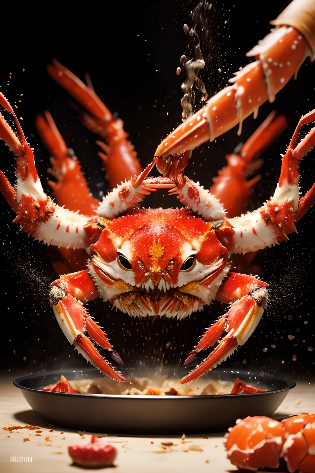 Photorealistic, 8k, cmyk+, dynamic composition, king crab is dancing in the cooking pan, the chef is surprised to see it.