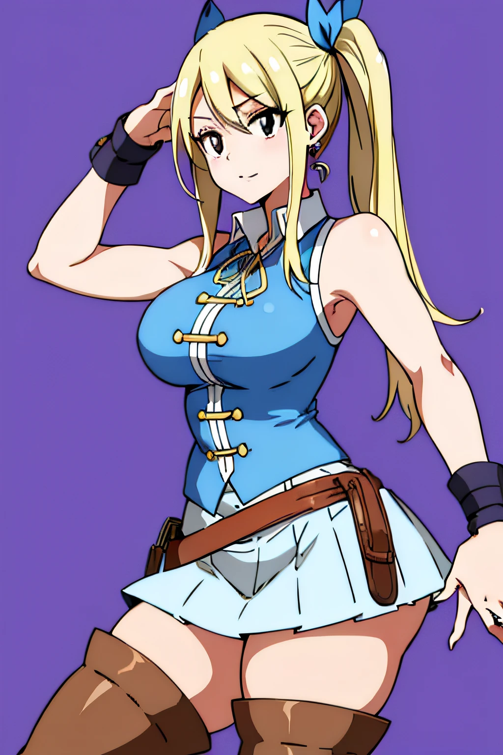 lucy heartfilia, blonde hair, long hair, side ponytail, blue ribbon, large breasts, earrings, thigh boots, blue shirt, sleeveless shirt, white skirt