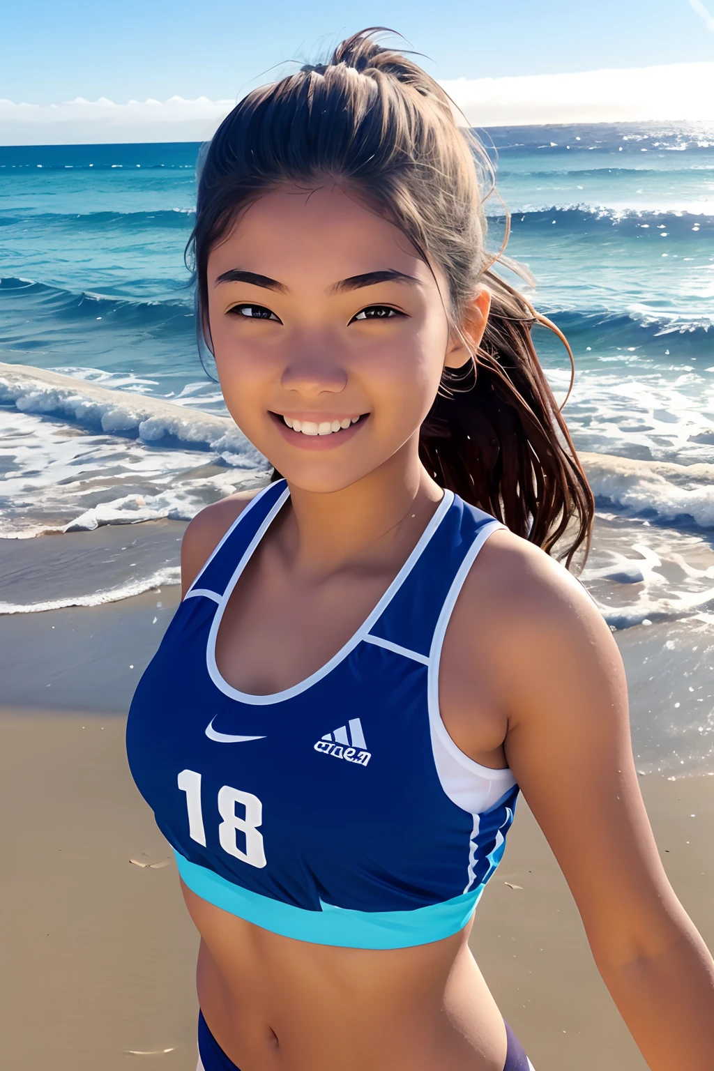 18-year-old girl, Wear a sports vest,Beach running,Bust photo, the sea,spray,blue-sky..