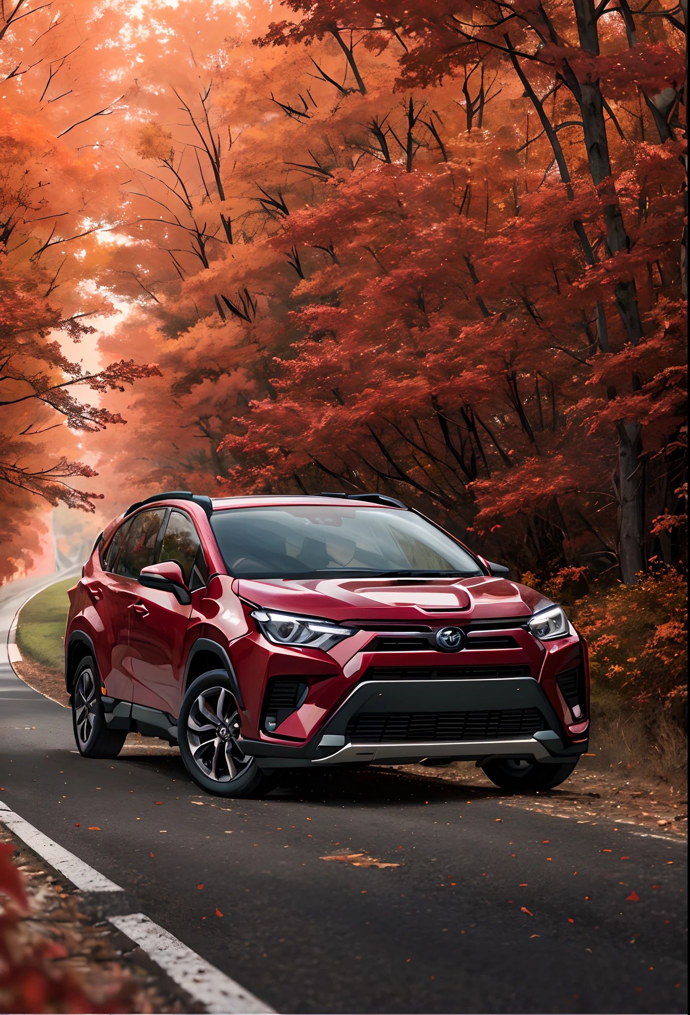 ue5, large format lens, light maroon and light emerald , the 2020 toyota rav4 riding on the road with autumn trees against a red background