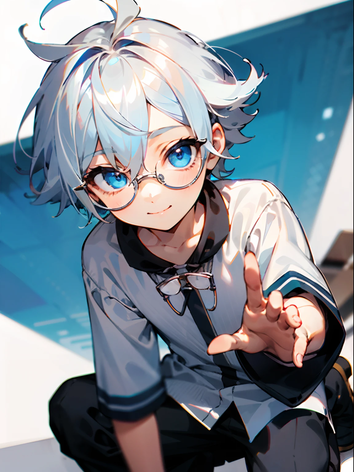 (Male child, eye glasses,blue eyess，A smile, silber hair)
