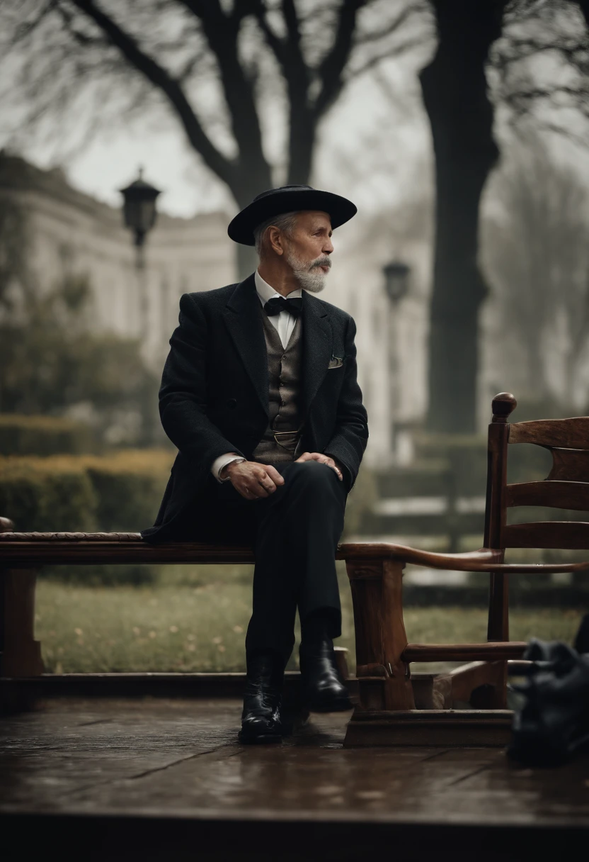 Old gentleman with a goatee,sit on chair,Eyes look at boots,Black high-gloss rain boots, 8K分辨率,Wallpaper masterpiece,Best quality,Highly meticulous,Ultra high quality