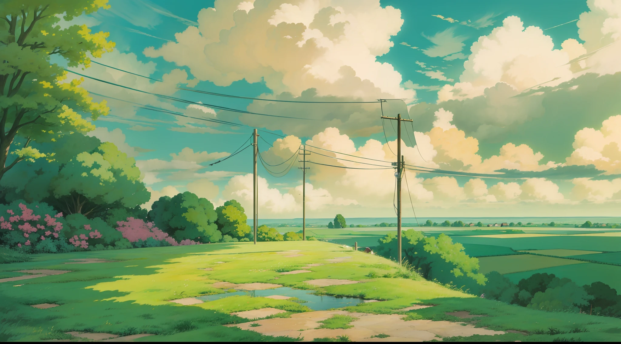 animesque、Skyscape with clouds、Landscape without buildings、You can see the touch of the brush、Studio Ghibli、Ghibli、Scenery、Style、Golden Time、sky line,After it rains、the ground is wet