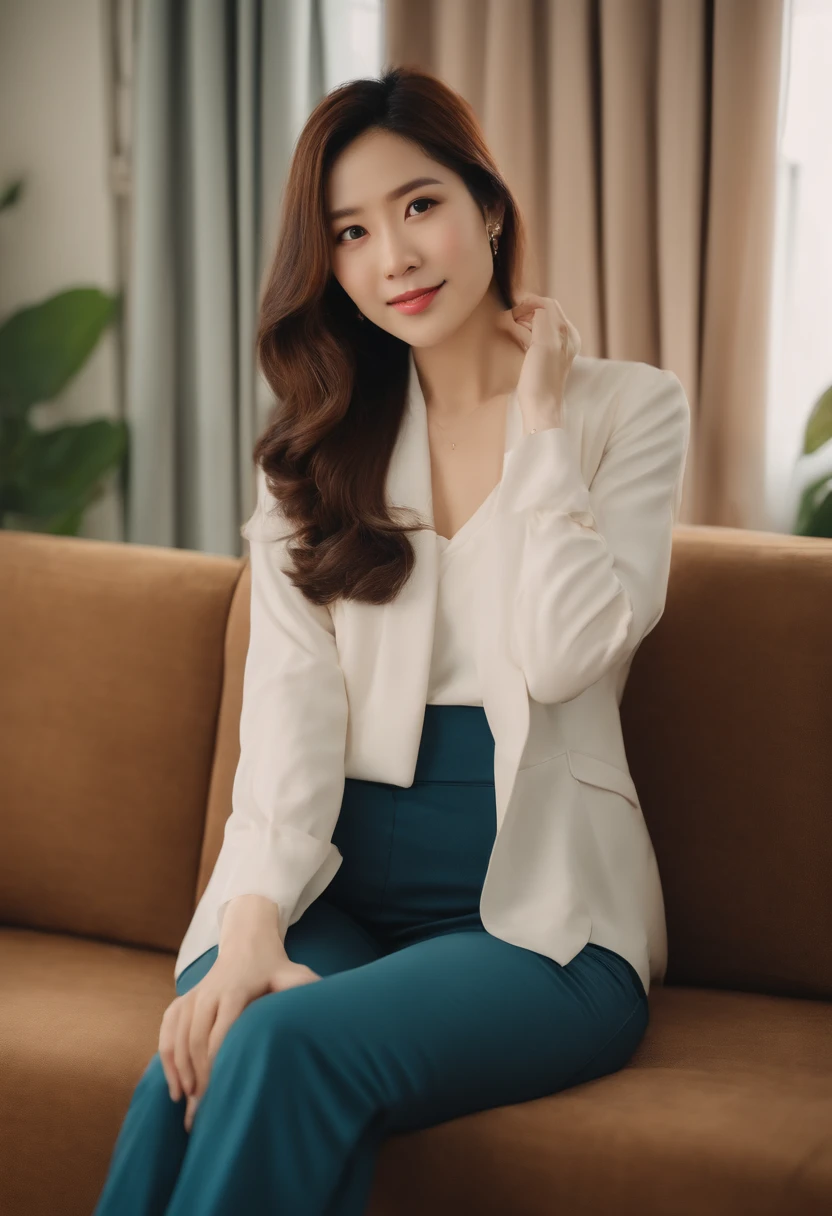 32years old、A Japanese Lady、Tidy living room background、Relax on the sofa、selfee、Looking at the camera,bachelorhood、hight resolution、lovely、Chottobus、Slightly pouty figure、Straight hair、Semi-long