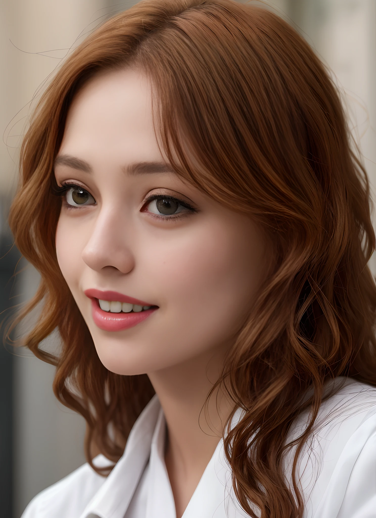 masterpiece, realistic, detailed eyes, beautiful, looking at the viewer, natural lighting, depth of field, film grain, wrinkled skin, 24yo, female, solo, wavy long red viola hair, yellow brown eyes, brown skin, red lips, formal white shirt with black jackets , freckles, smile, lips, upper body, Portrait, Close-up, Front view, Exterior