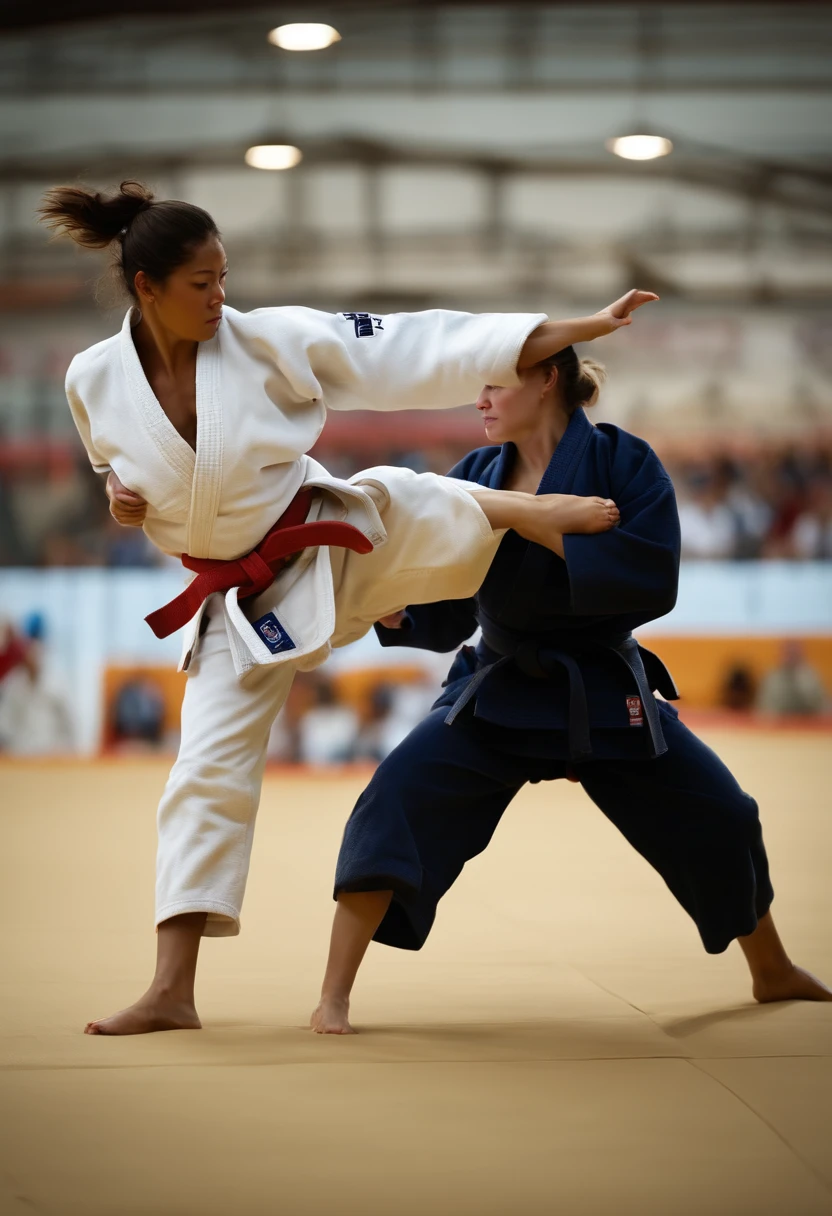 ((Match ring in the gym, two beautiful women competing in a judo ring on a tatami mat:1.2)), hole body, (((Judo stance:1.2))), slim body line, Small and slim figure, (small breasts, Decollete), ((Wearing a formal judo uniform:1.3, black belt)), ((detailed eyes and face:1.2, Professional photography techniques)), (highest quality, 8K, ​masterpiece:1.2, RAW photos), (realisti:1.3), (detailed hands) submission hold techniques