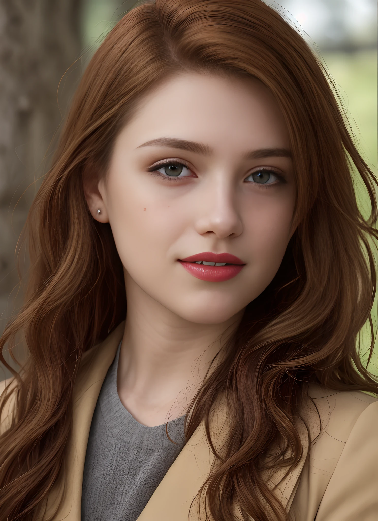 masterpiece, realistic, detailed eyes, beautiful, looking at the viewer, natural lighting, depth of field, film grain, wrinkled skin, 24yo, female, solo, wavy long red viola hair, yellow brown eyes, brown skin, red lips, formal white shirt with black jackets , freckles, smile, lips, upper body, Portrait, Close-up, Front view, Exterior