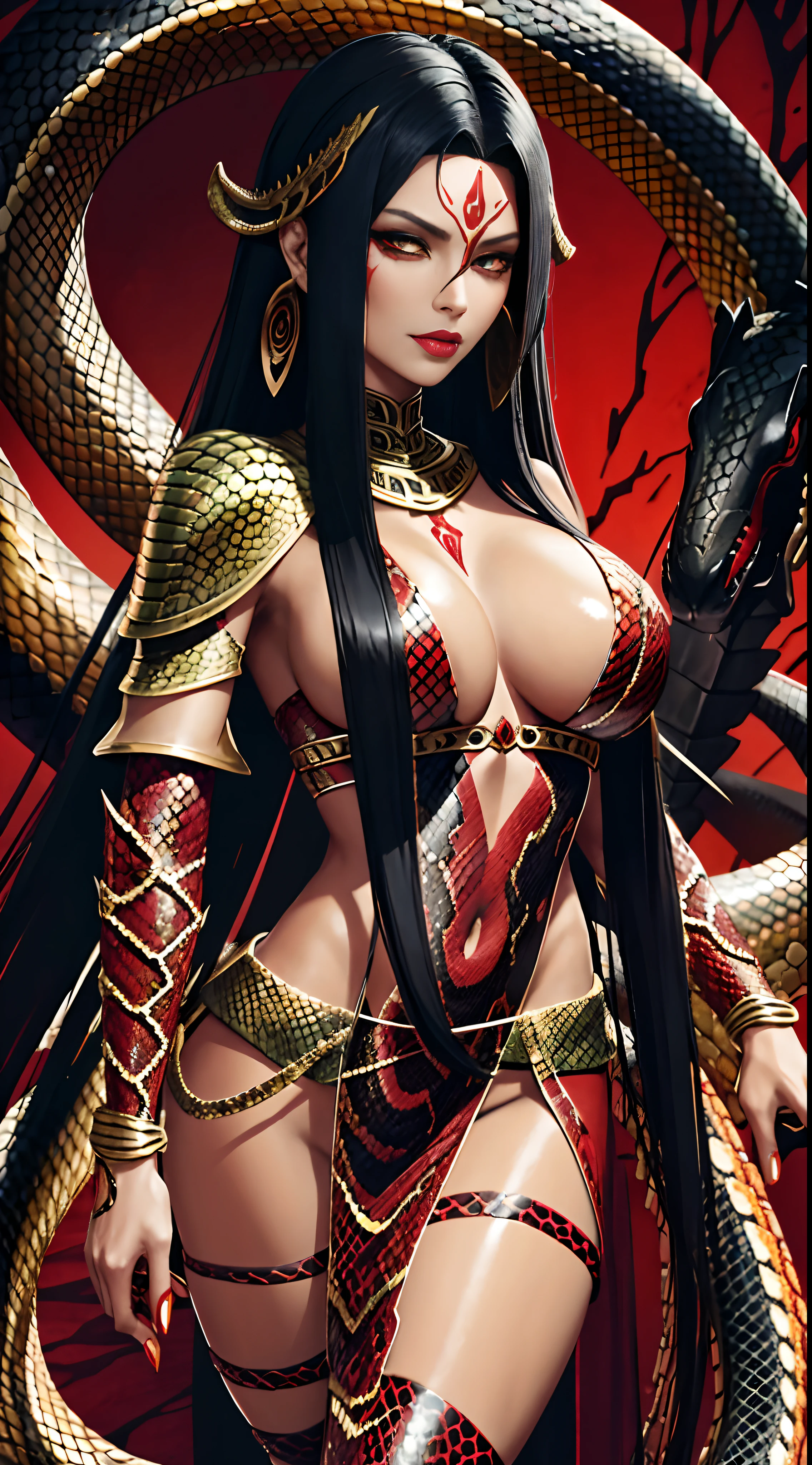 Serpent Goddess, Bronze Skin with Black and Red Scales, Long Black Hair, Python Pattern, Snake Lower Body, Serpentine Armor, Serpentine Blade, Red Snake Eyes, Busty, Scar Over Left Eye, Forked Tongue