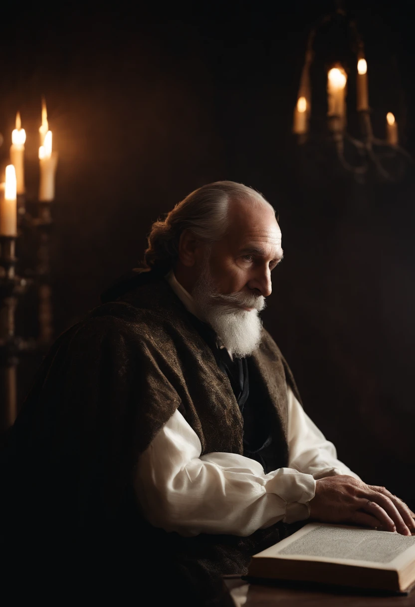 photore， Old gentleman with a goatee，sit on chair， medieval times， Piercing_Deep set_Eyes， Wrinkled face， Dark_Sticht_Cloak， （Dramatic lighting：1.25）， （Shadow background：1.2）， （Dirty_ unkempt_Gray_Hair：1.2）， （Long_shaggy_Beard：1.3）， （faded colors：1.1）， （Sharp focus：1.1）， （shadowing：1.2）， （Subtle HDR：1.3）， （realistic skin textures：1.25）， （detailed hairs：1.2）， （gritty texture：1.1）， （Cinematic look：1.2）， （powerful posture：1.3）， （Blushlush：0.5）， （goosebumps：0.5），sub surface scattering，Detailed_Grey_Eyes，old book，Ancient，there was a fire in the house