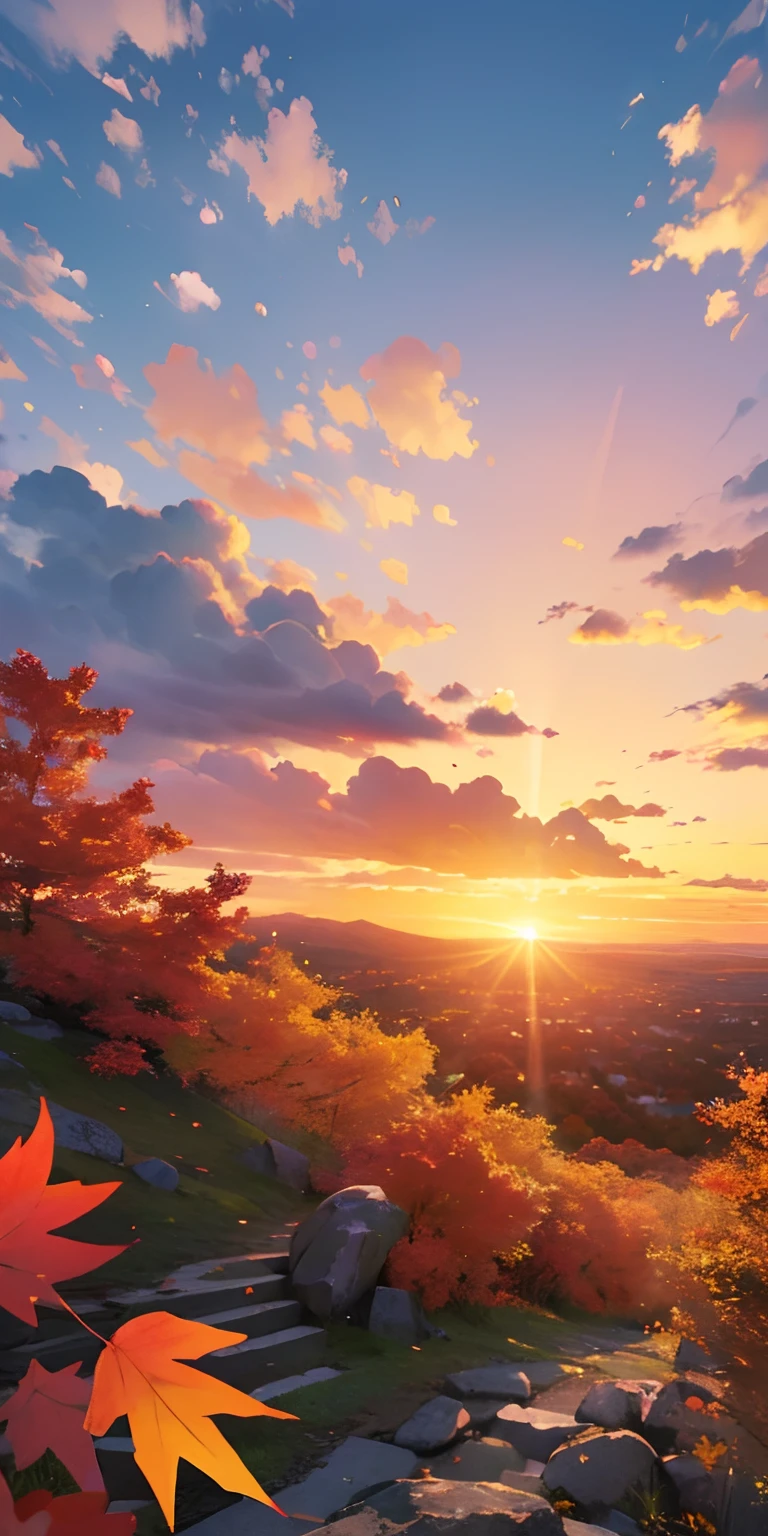 realisticlying、View from the top of a small hill、Beautiful autumn leaves、Depth enhancement、The sunset is beautiful、There are big clouds