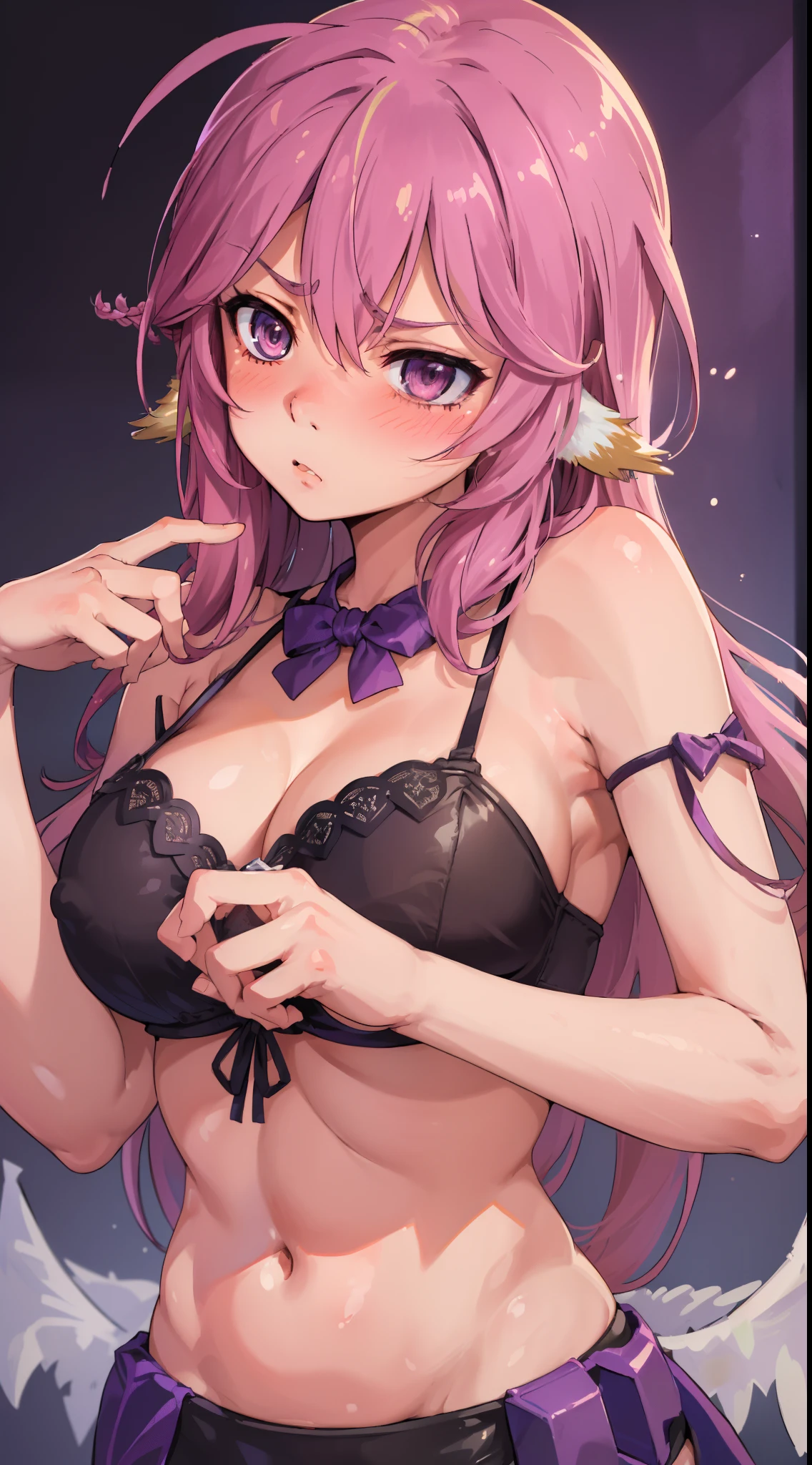 Jibril, ((upper body)), blushed, perfect anatomy, detailed eyes, detailed lips, extremely detailed eyes and face, vivid colors, sharp focus, masterpiece:1.2, ultra-detailed, blushed, ((doggystyle)), (solo), ((bra)), sleeveless, ((((random hairstyle)))), (((disdain, disgust))), looking at viewer