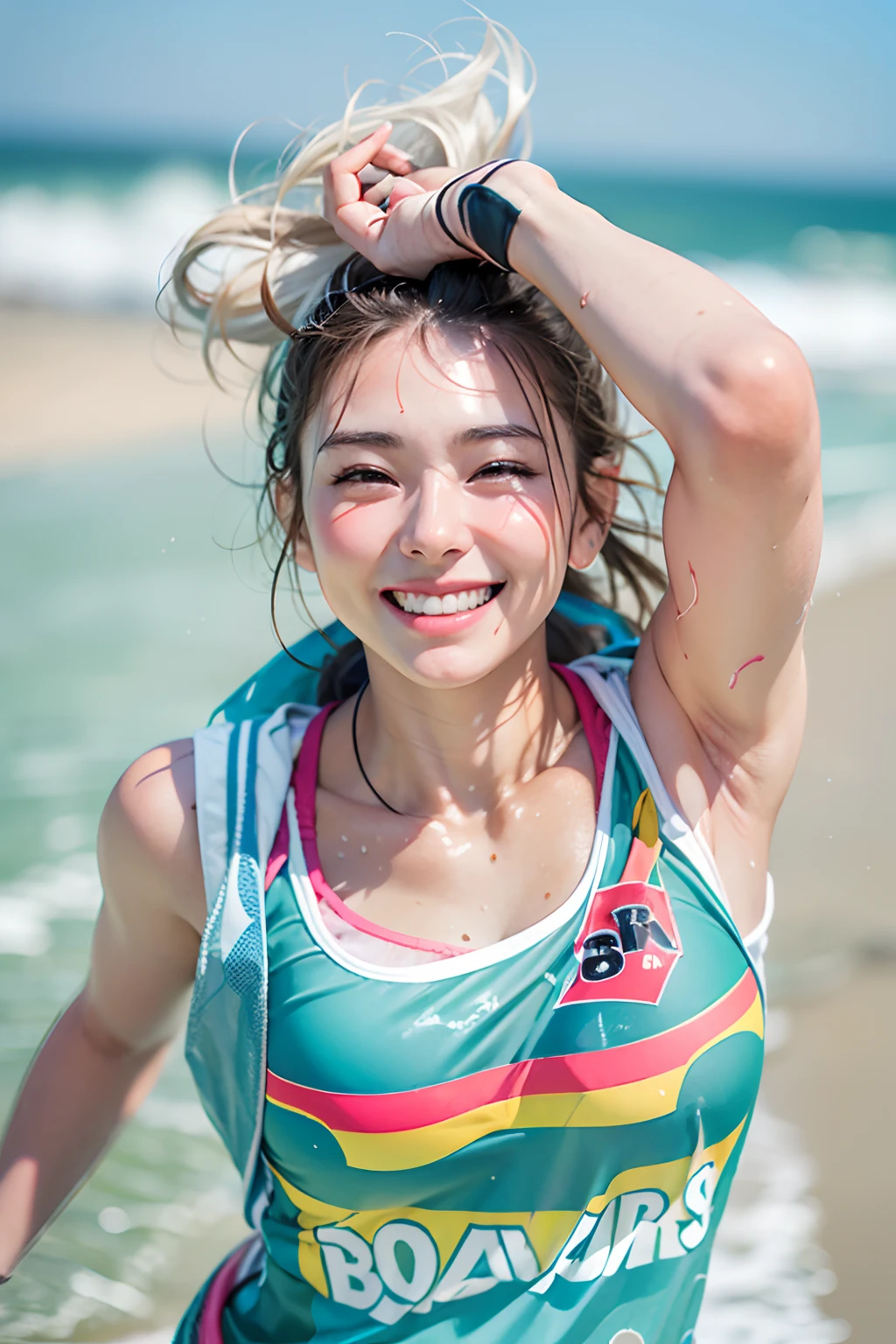 18-year-old girl, ssmile, Wear a sports vest,Beach running,Bust photo, the sea,spray,blue-sky