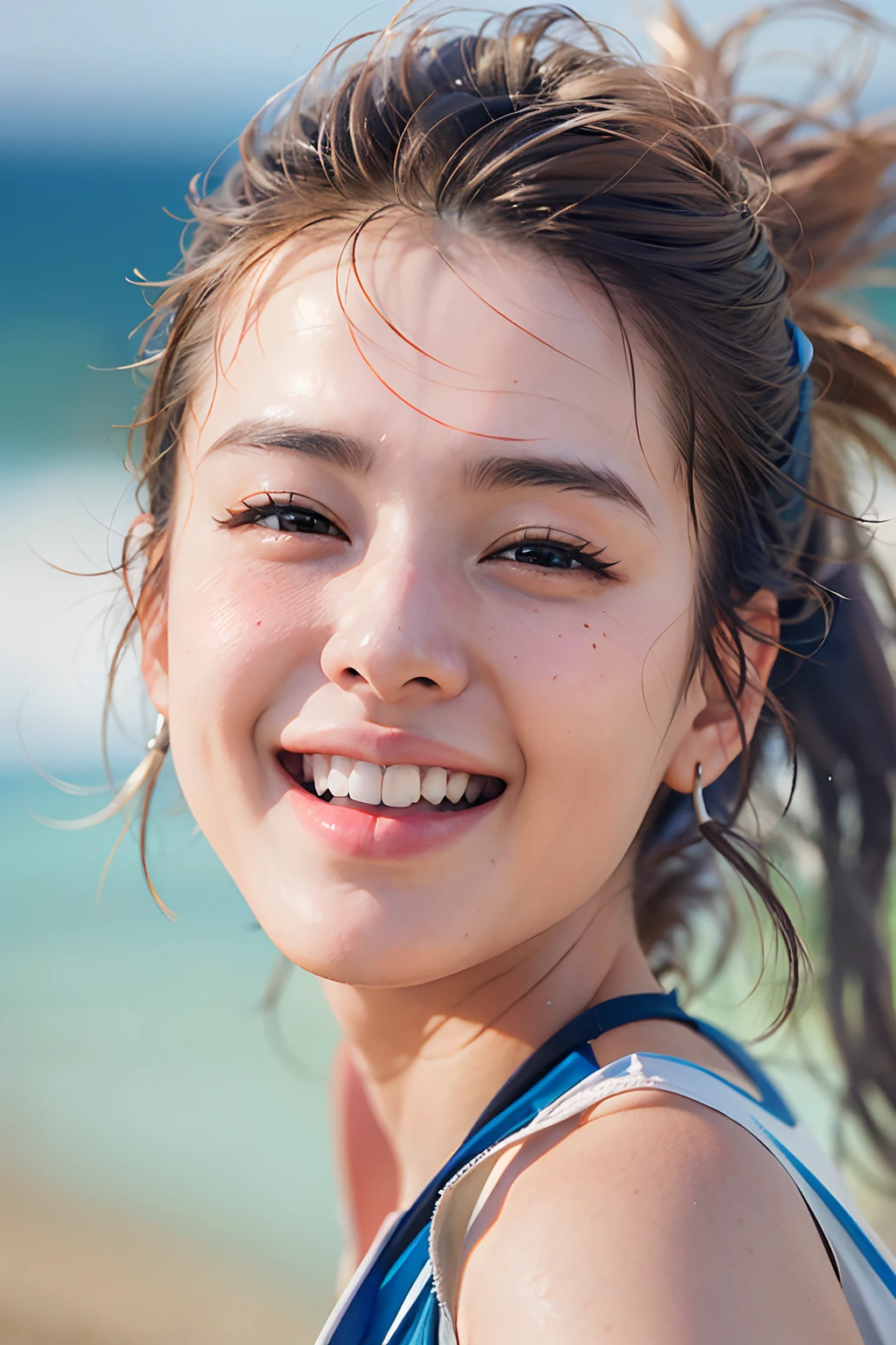 beach, sunset, soft lighting, closeup portrait photo of a cute idol in a swimsuit, playful pose, smiling, vibrant colors, photorealistic, high detail