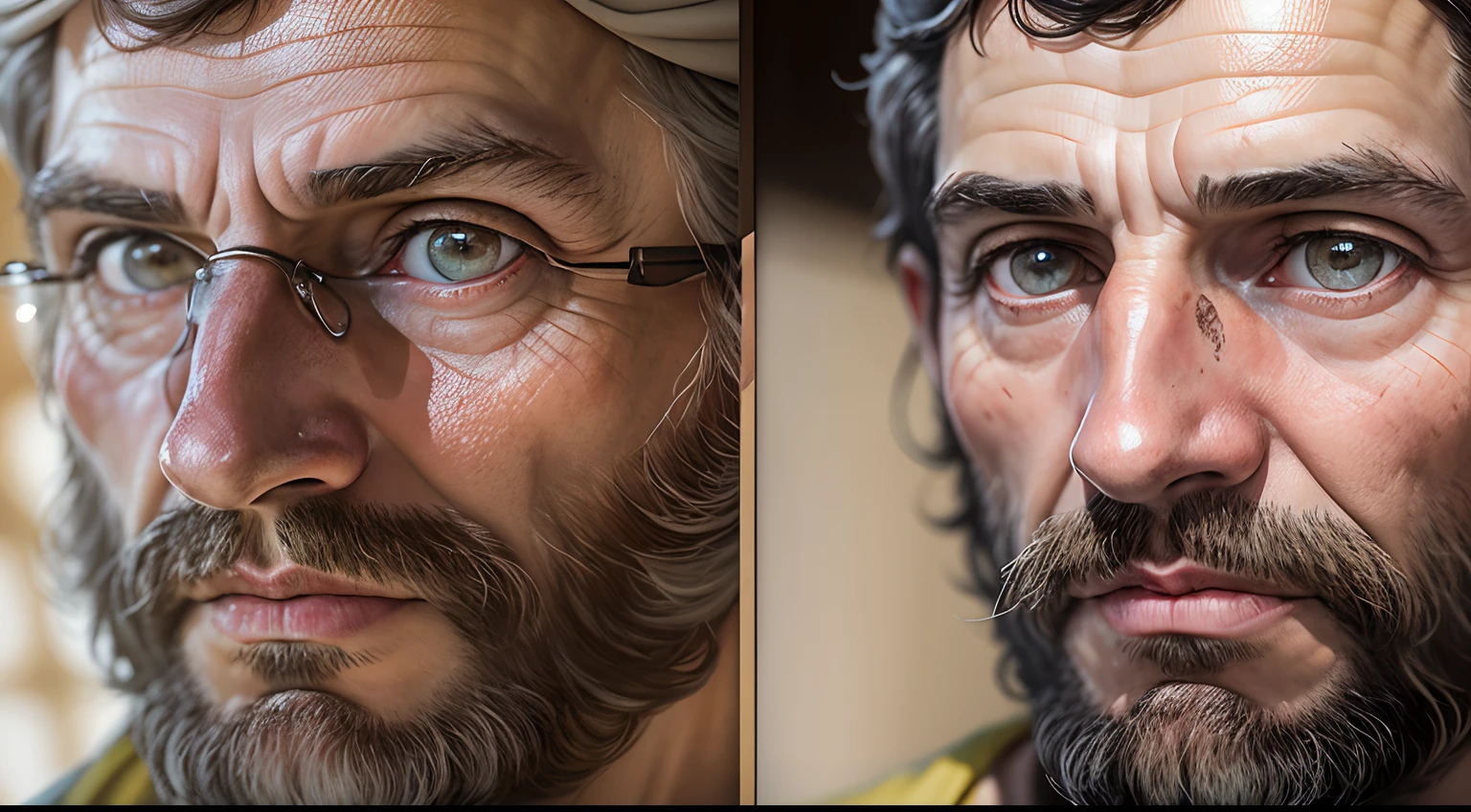 (best quality,Realistic,retrato:1.2), Close-up of the face of St. Matthew and St. Mark side by side, ambos com olhar sereno, iluminados pela luz da Lua, against the backdrop of a village in Galilee,Lots of life experience,Strong character,profundidade emocional,texturas ricas e detalhadas,sombreamento sutil para destacar os recursos,warm lighting,macio, cores silenciadas,humor pensativo,atmosfera serena,pitada de nostalgia,fotografia de belas artes