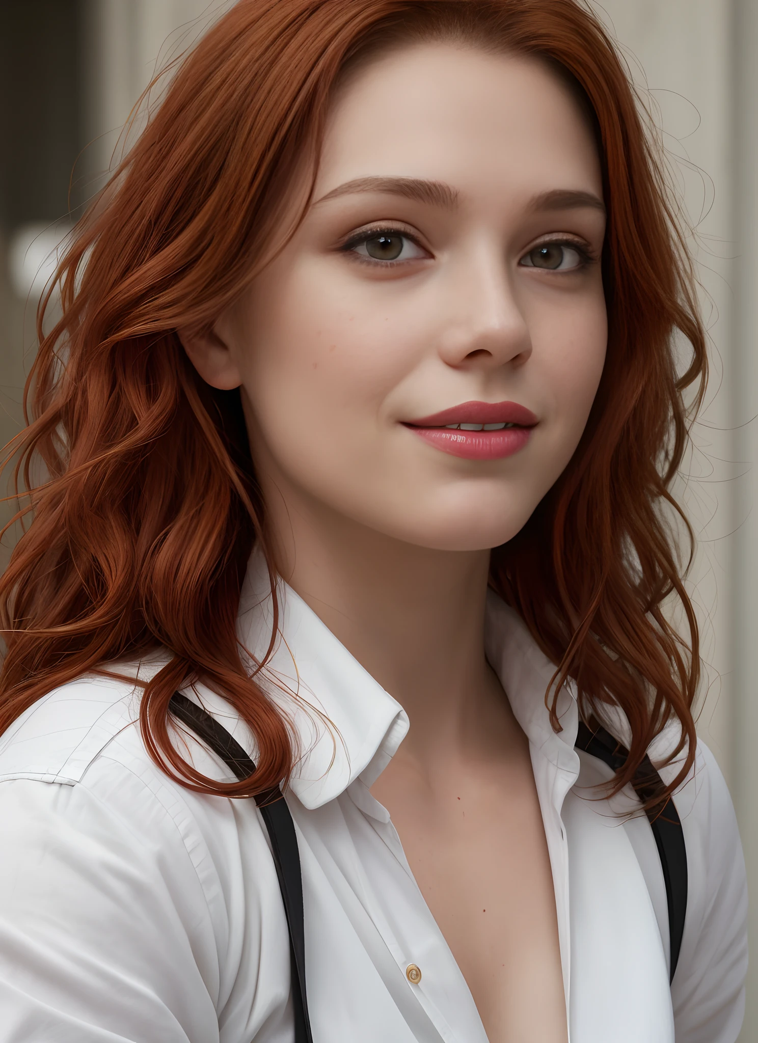 masterpiece, realistic, detailed eyes, beautiful, looking at the viewer, natural lighting, depth of field, film grain, wrinkled skin, 24yo, female, solo, wavy long red viola hair color , red hair color, yellow brown eyes, brown skin, red lips, formal white shirt with black jackets , freckles, smile, lips, upper body, Portrait, Close-up, Front view, Exterior