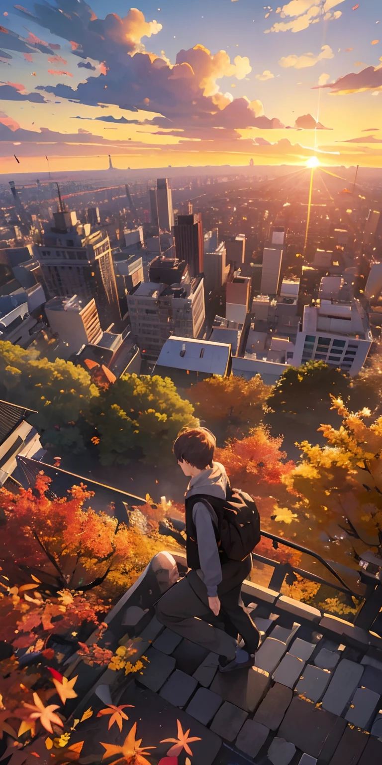 realisticlying、View from the top of a small hill in the city、Beautiful autumn leaves、Depth enhancement、The sunset is beautiful、There are big clouds、There is a large building