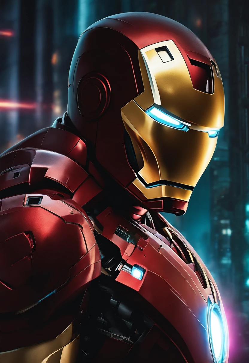 iron man mirando de frente con estilo cyberpunk
