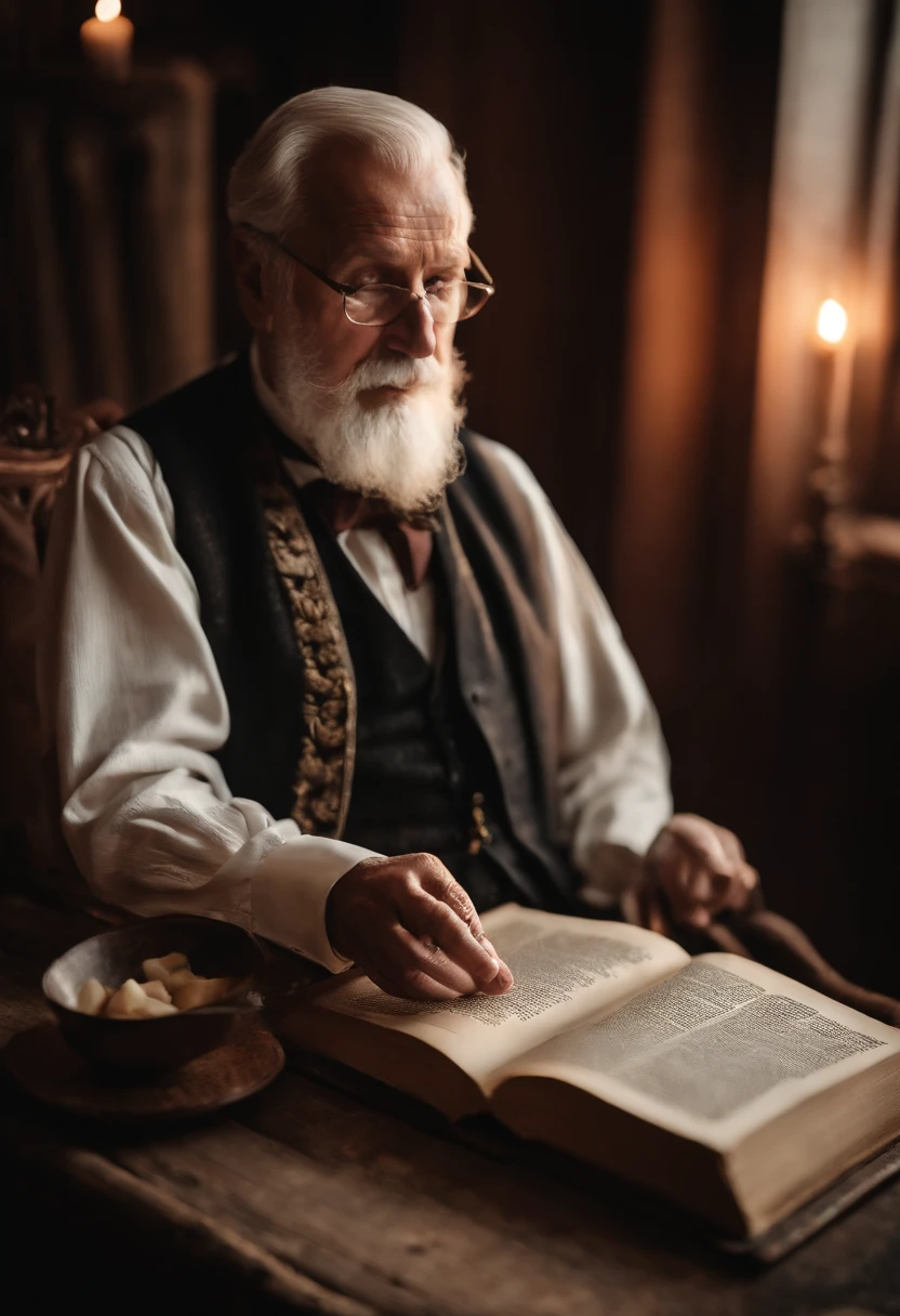 cinematic style,photore, Old gentleman with a goatee,,old book,Ancient,There was a fire in the house,facing to audience