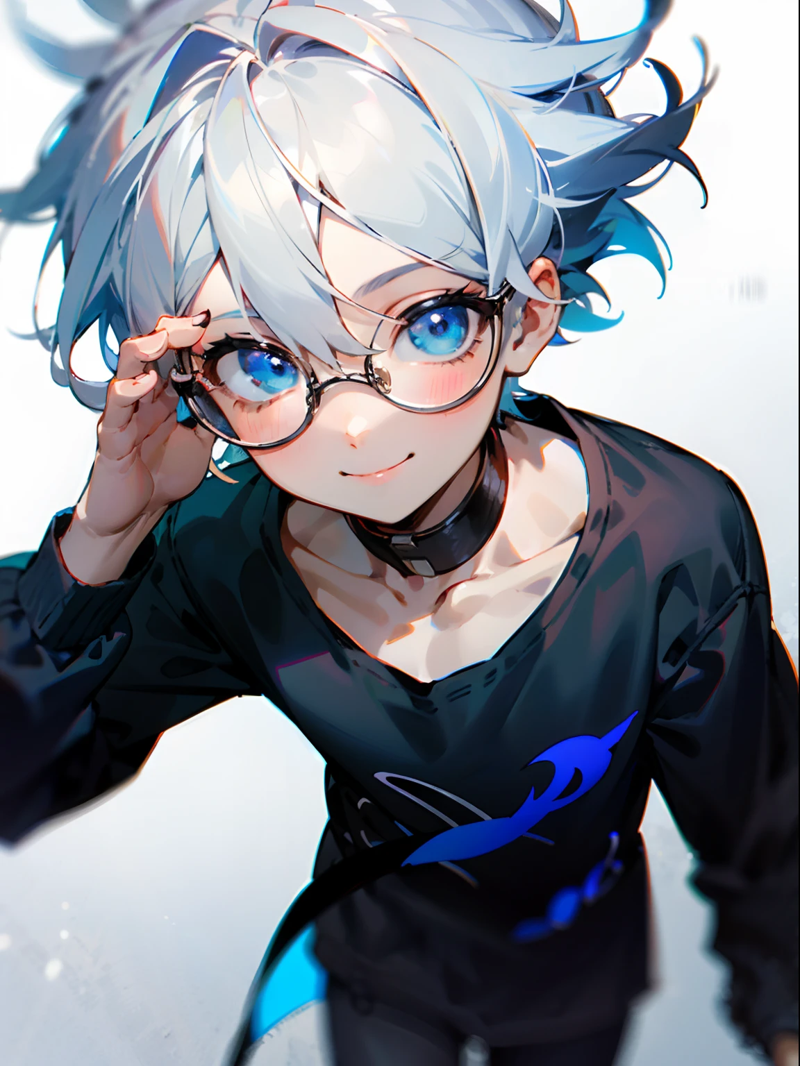 (Male child, eye glasses,blue eyess,A smile, silber hair)
