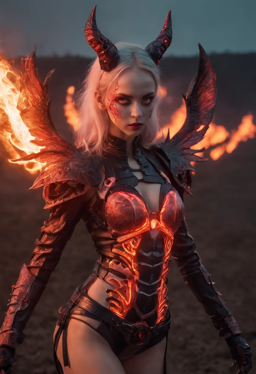 Beautiful Succubus Warrior wearing Neon Mecha Armour Holding a Staff in a field of blood, glowing light eyes, Demon wings, Wide Shot, Biomechanical, eerie, Creepy, nightmarish, Very bright neon colours, Light particles, with light glowing, winner of the year's best photo, the world on fire, post-apocalyptic hellscape military photography, photo epic of the year, fire on the horizon, epic cinematic shot, pure form, intricate detail, 8k post-production, High resolution, super Detail,