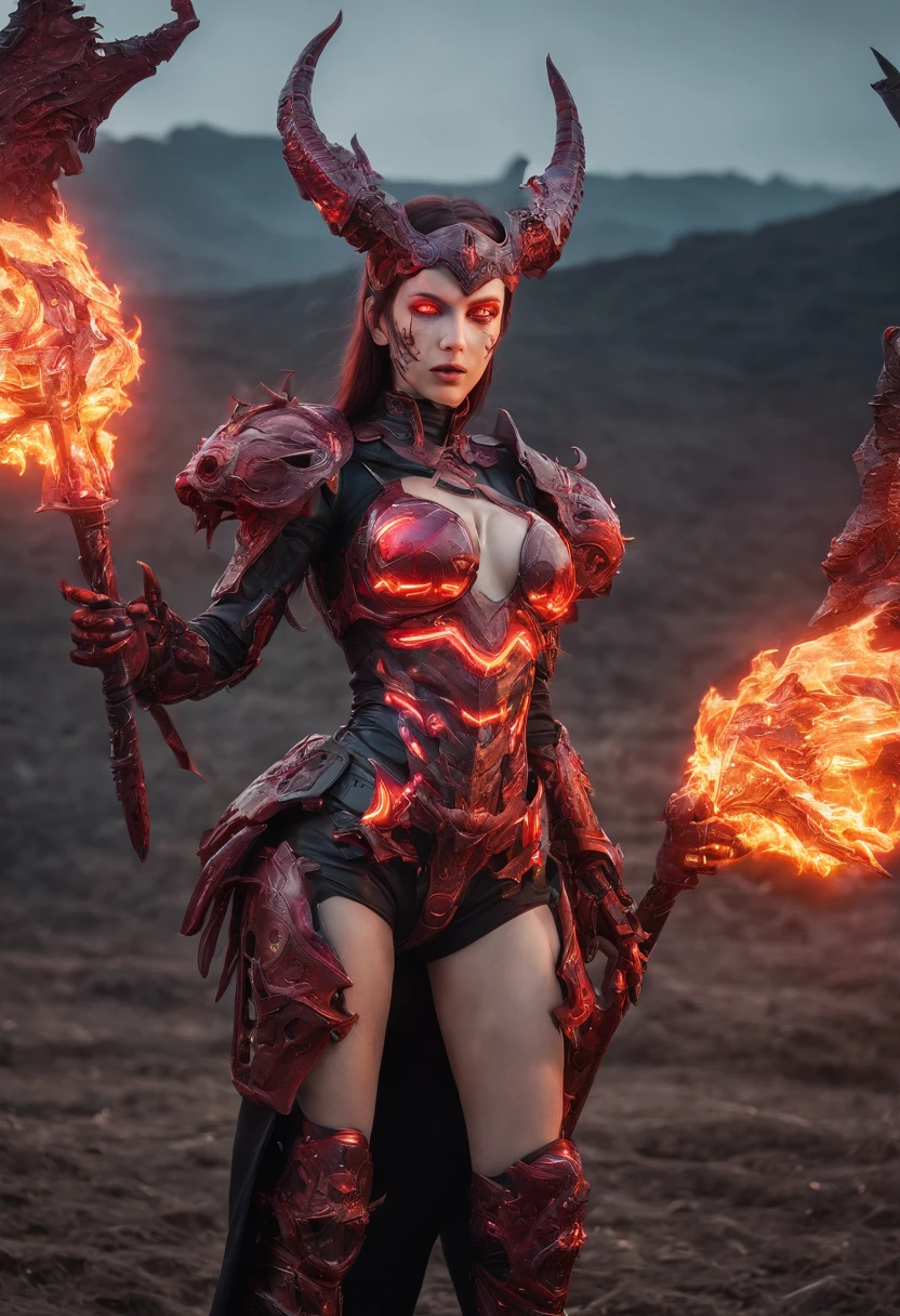 Beautiful Succubus Warrior wearing Neon Mecha Armour Holding a Staff in a field of blood, glowing light eyes, Demon wings, Wide Shot, Biomechanical, eerie, Creepy, nightmarish, Very bright neon colours, Light particles, with light glowing, winner of the year's best photo, the world on fire, post-apocalyptic hellscape military photography, photo epic of the year, fire on the horizon, epic cinematic shot, pure form, intricate detail, 8k post-production, High resolution, super Detail,