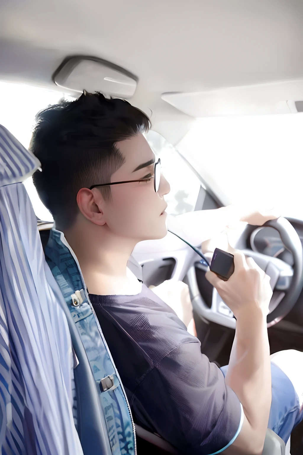 Man in sunglasses drives a car with a walkie-talkie in his hand, Driving, inspired by Ding Yunpeng, Cai Xukun, driver, Handsome,