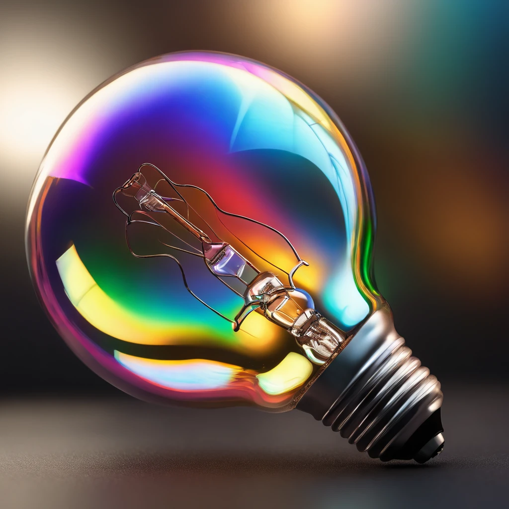 there is a light bulb that is glowing brightly on a white background, colored light, lightbulb, volumetric light ， surreal, bright iridescent light, colorful light, strong iridescent light, light bulb, refracted lighting, colourful light, refracted light, an upright lightbulb, colorized photon, 3d style light refraction, by Jan Rustem