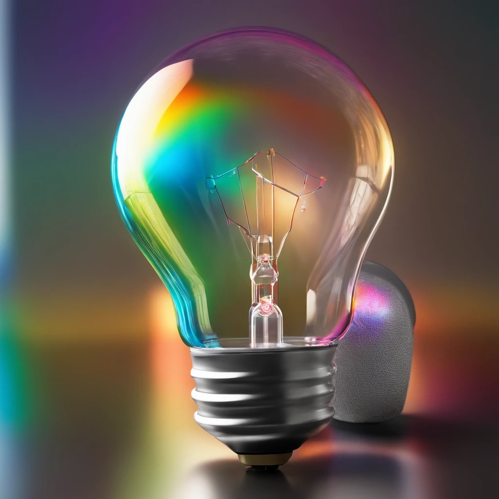 there is a light bulb that is glowing brightly on a white background, colored light, lightbulb, volumetric light ， surreal, bright iridescent light, colorful light, strong iridescent light, light bulb, refracted lighting, colourful light, refracted light, an upright lightbulb, colorized photon, 3d style light refraction, by Jan Rustem