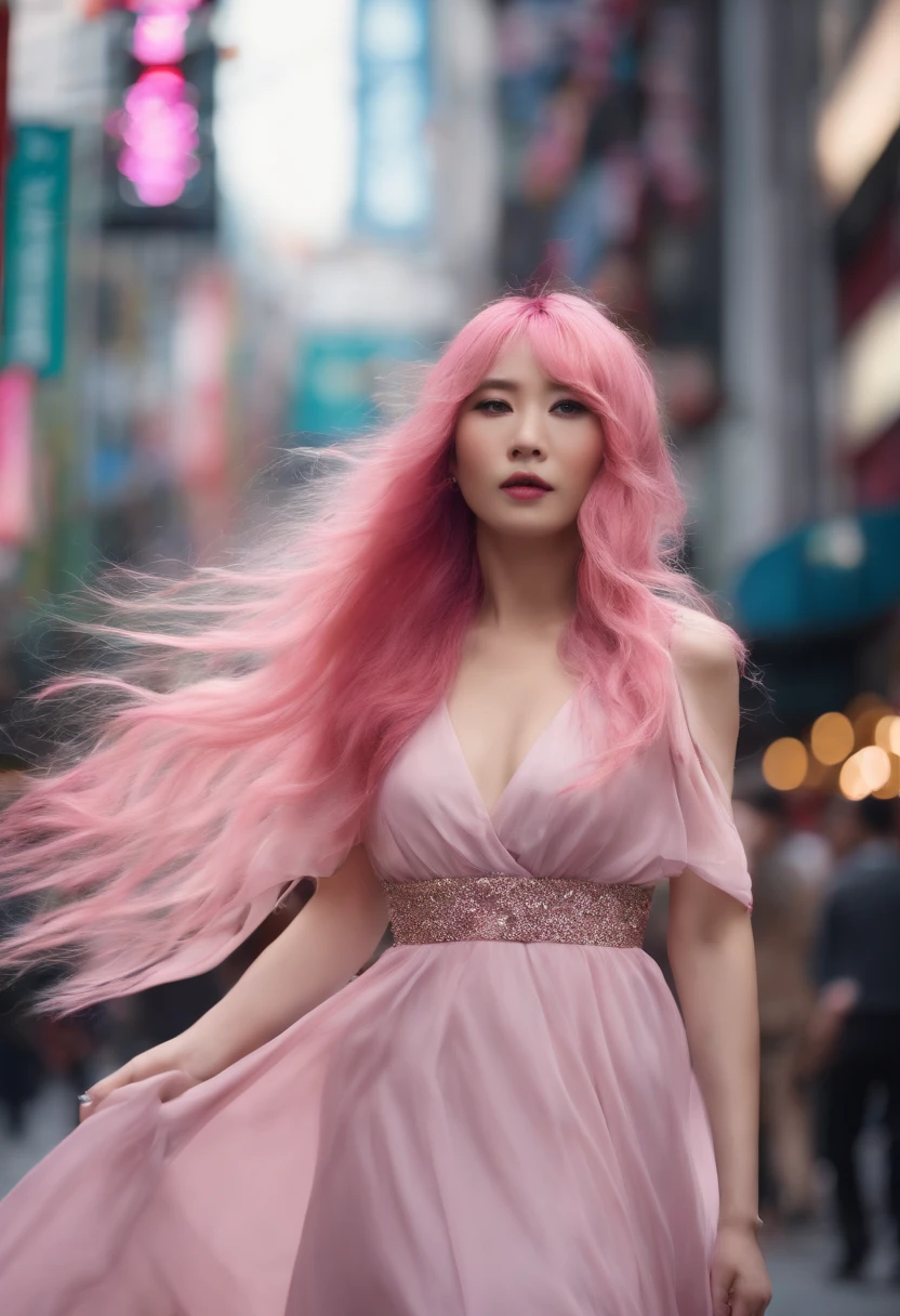 Tokyo, Kabukicho, long hair fluttering in the wind, pink hair, high definition, dress