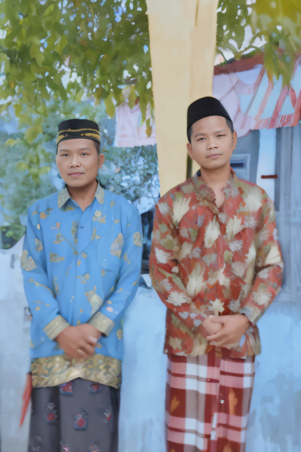 there are two men standing next to each other in front of a building, protrait, full protrait, lokah samastah sukhino bhavantu, old picture, potrait, wearing authentic attire, wearing traditional garb, rengen, barong family member, kuntilanak, portrait picture, enhanced photo, barong family