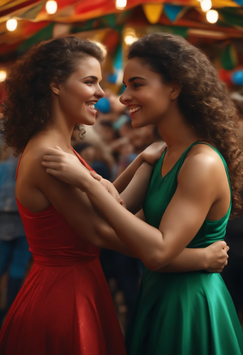 (best quality,4k,8k,highres,masterpiece:1.2),ultra-detailed,(realistic,photorealistic,photo-realistic:1.37),2girls,wrestling at a fair booth, vibrant colors and lighting, oil painting, intense action, dynamic poses, concentration and determination, joyful expressions, fairground atmosphere, spectators cheering, soft shadows, highly detailed clothing and hair, subtle texture, vibrant carnival atmosphere