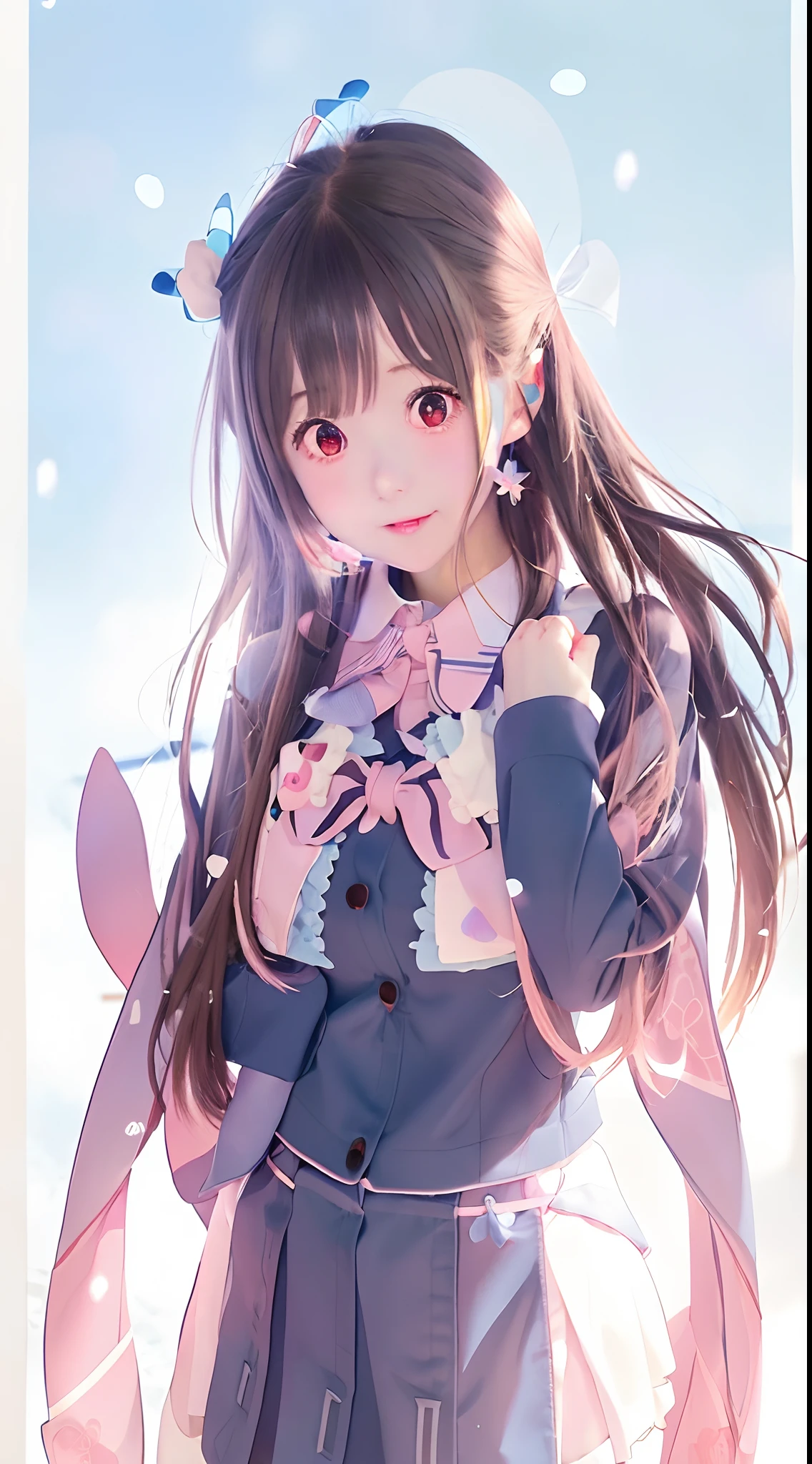 anime girl with long hair and a blue coat holding a pink bow, anime visual of a cute girl, marin kitagawa fanart, anime moe artstyle, cute anime girl, (anime girl), beautiful anime portrait, anime girl with long hair, beautiful anime art style, high quality anime artstyle, anime picture, cute anime girl portraits, cute anime girl portrait