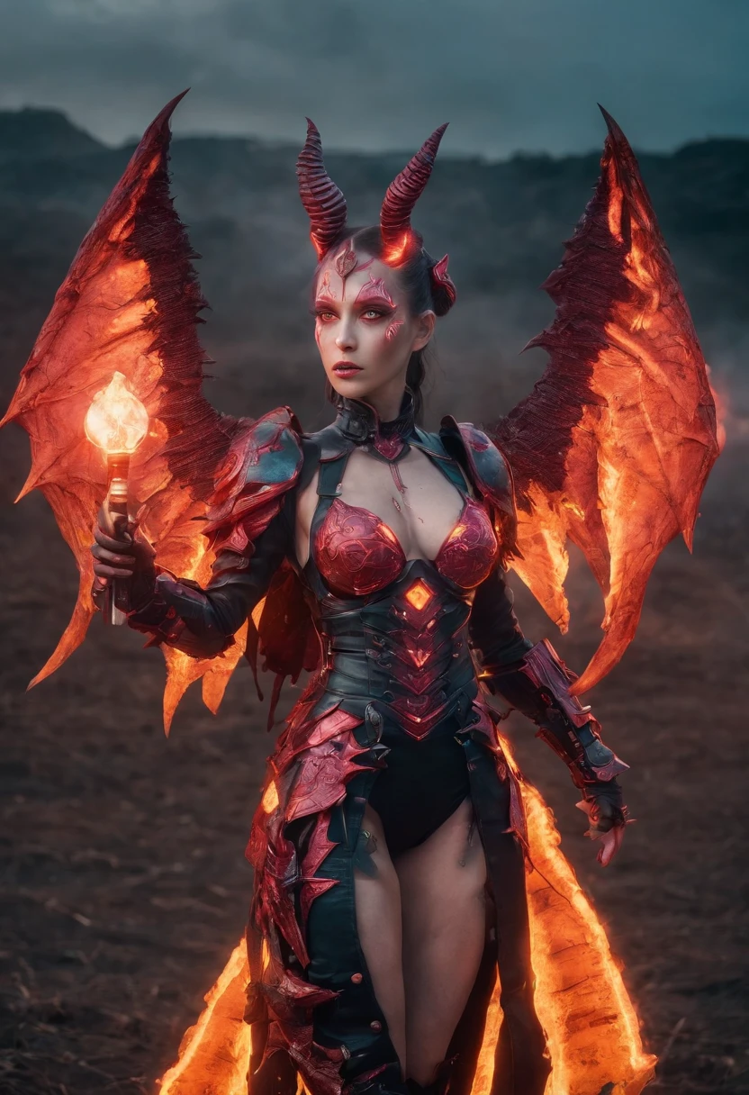 Beautiful Succubus Warrior wearing Neon Mecha Armour Holding a Staff in a field of blood, glowing light eyes, Demon wings, Wide Shot, Biomechanical, eerie, Creepy, nightmarish, Very bright neon colours, Light particles, with light glowing, winner of the year's best photo, the world on fire, post-apocalyptic hellscape military photography, photo epic of the year, fire on the horizon, epic cinematic shot, pure form, intricate detail, 8k post-production, High resolution, super Detail,