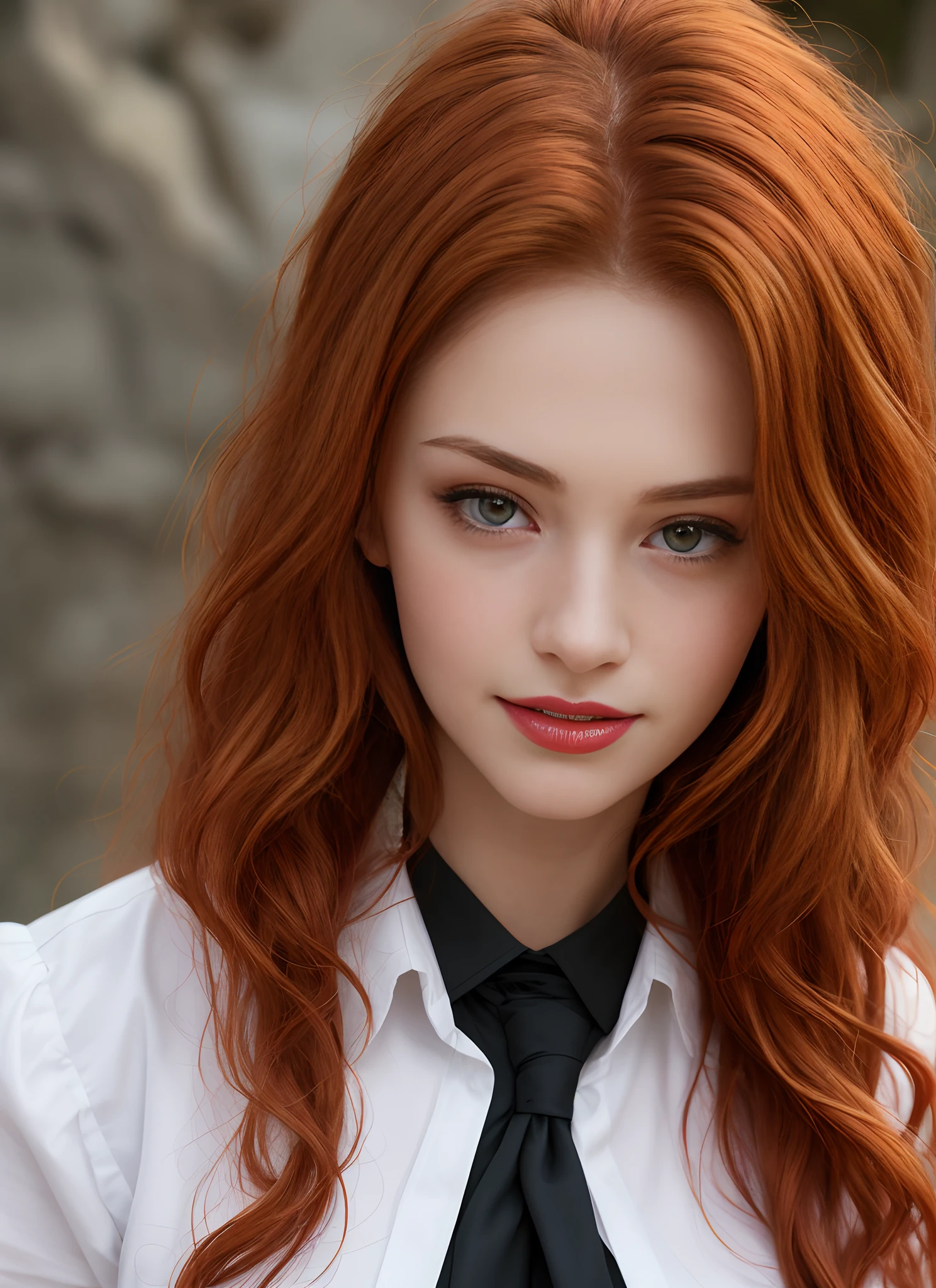 masterpiece, realistic, detailed eyes, beautiful, looking at the viewer, natural lighting, depth of field, film grain, wrinkled skin, 24yo, female, solo, wavy long red viola hair color , red hair color, yellow brown eyes, brown skin, red lips, formal white shirt with black jackets , freckles, smile, lips, upper body, Portrait, Close-up, Front view, Exterior