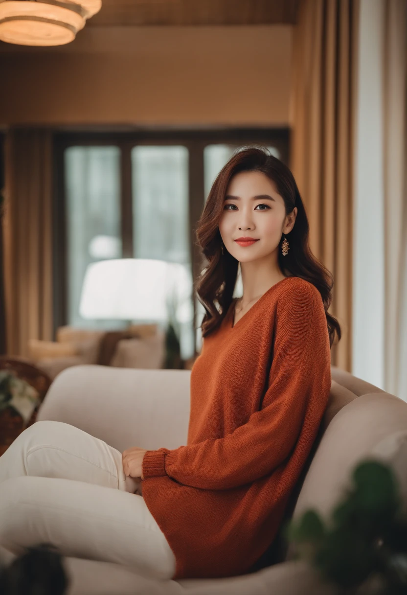 32years old、A Japanese Lady、Tidy living room background、Relax on the sofa、Selfie holding camera with one hand、Looking at the camera,bachelorhood、hight resolution、lovely、Chottobus、Slightly pouty figure、Straight, shoulder-length medium hair、Autumn sweater,Light makeup、Angle of view where the face enters from under the chest