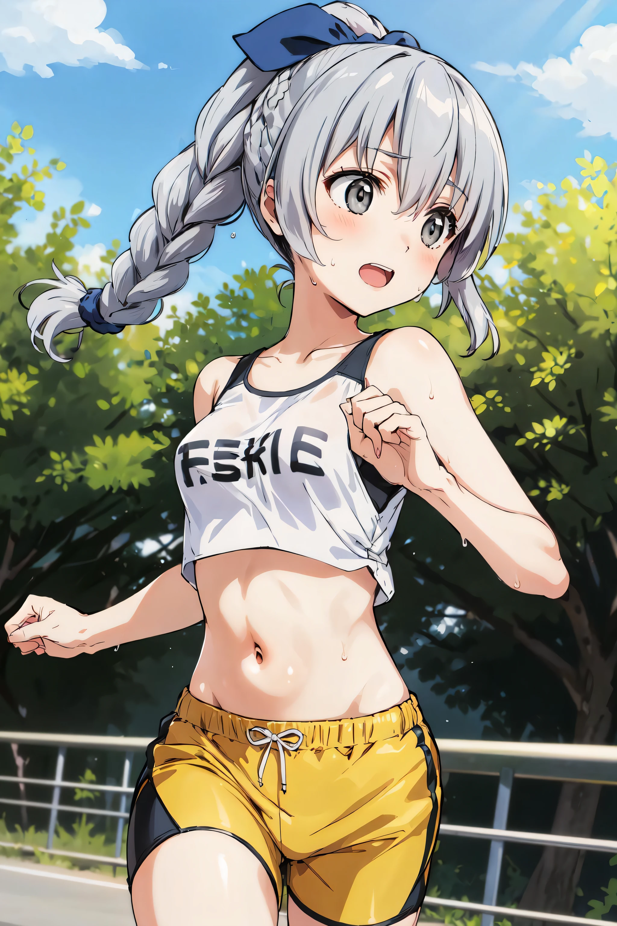 masterpiece, best quality, highres, 1girl, solo, braided ponytail, single braid, grey eyes, grey hair, white crop top, navel, running, sweat, bike shorts, park, cowboy shot
