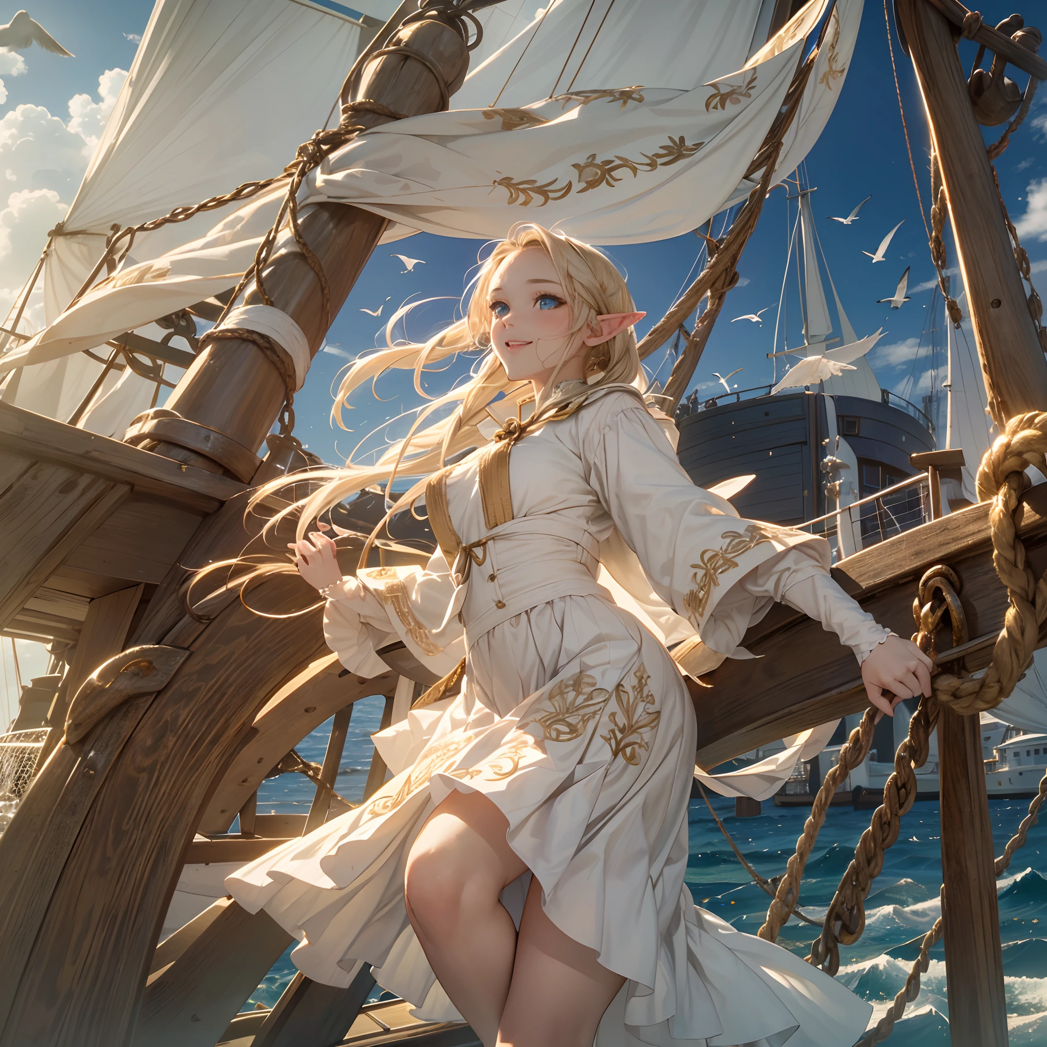 absurderes, ultra-detailliert,bright colour, 8K,extremely beautiful detailed face and eyes, Short hair, (Forehead:1.3), Blonde hair with short twin tails, Shiny hair, Delicate beautiful face, red blush、(Deep Blue Eyes:1.1) , ((((Fantasy))), One, (Elven Woman)))), (White short skirt with gold embroidery),(White ruffled blouse with gold embroidery), Big, (((On the deck of a sailing ship at sea)), (Vast sea))), (Sky with clouds)), (( Seagulls flying in the sky)), Smile, (Breeze), Particles of light flying