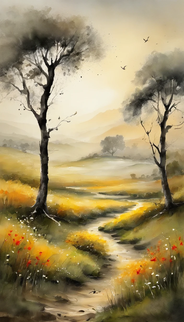 In the foreground are flowers blooming on the steppe,Behind it is green grass,Endless,ink and watercolor painting,Meticulous,8k(Chinese landscape painting),(ink and watercolor painting),(8k wallpaper),(light and shadow effect),rendering by octane,White balance design,Extremely detailed picture depiction,wide angles,depth of fields,tmasterpiece,realisticlying,Beautifully depicted,A detailed,acurate,Works of masters,tmasterpiece