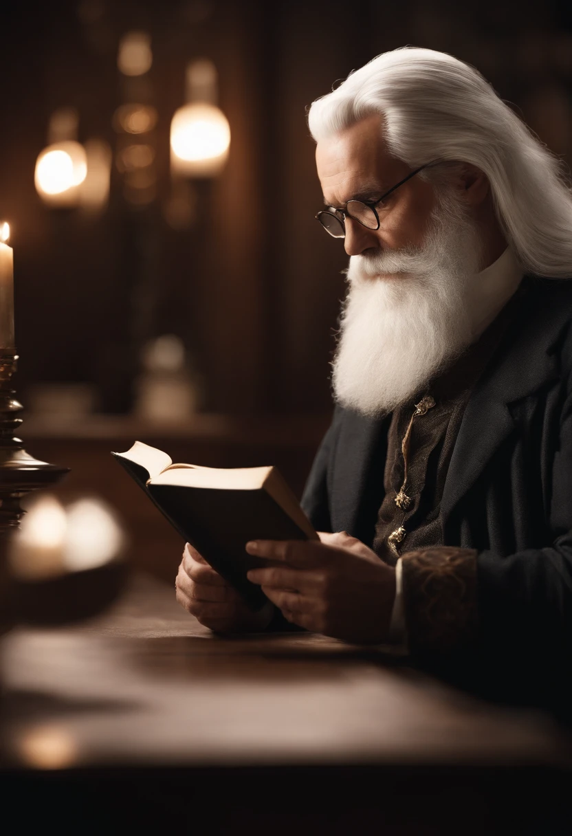 There was a man sitting at the table，Holding a book, photo still of, neat white beard and hair, Long white hair and white beard, wizard sits reading at a desk, White hair and white beard,  Long white beard, long white hair and beard, full white beard, short white beard, Handsome man