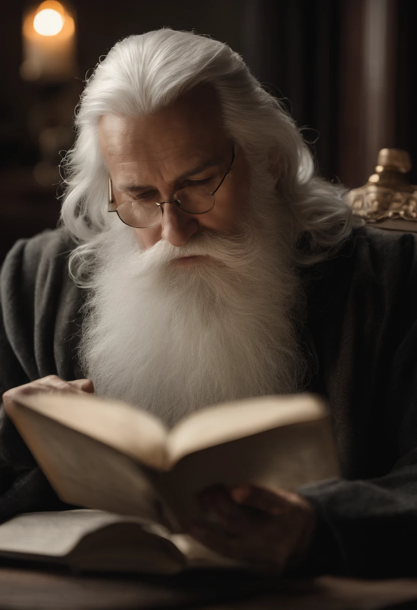 There was a man sitting at the table,Holding a book, photo still of, neat white beard and hair, Long white hair and white beard, wizard sits reading at a desk, White hair and white beard, Long white beard, long white hair and beard, full white beard, short white beard, Handsome man