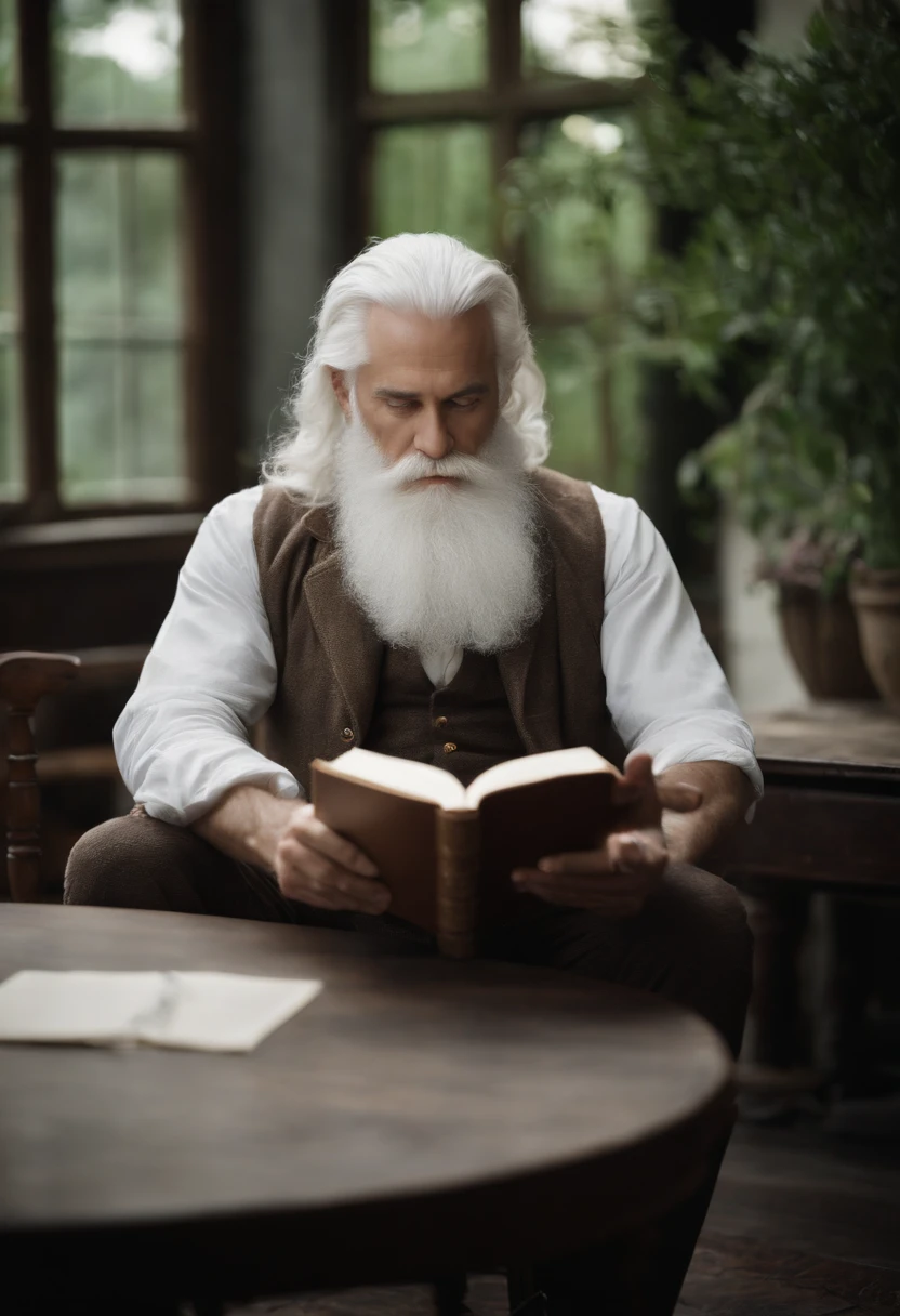 There was a man sitting at the table,Holding a book, photo still of, neat white beard and hair, Long white hair and white beard, wizard sits reading at a desk, White hair and white beard, Long white beard, long white hair and beard, full white beard, short white beard, Handsome man