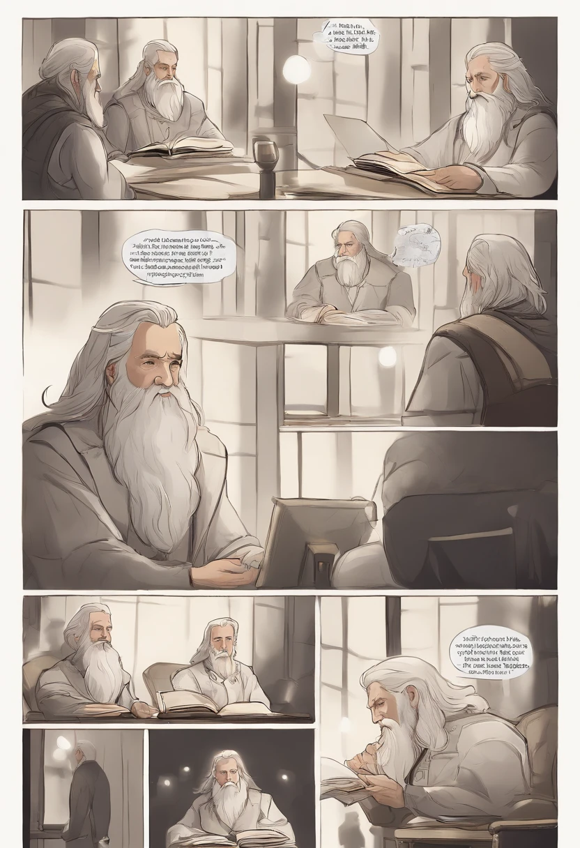There was a man sitting at the table,Holding a book, photo still of, neat white beard and hair, Long white hair and white beard, wizard sits reading at a desk, White hair and white beard, Long white beard, long white hair and beard, full white beard, short white beard, Handsome man