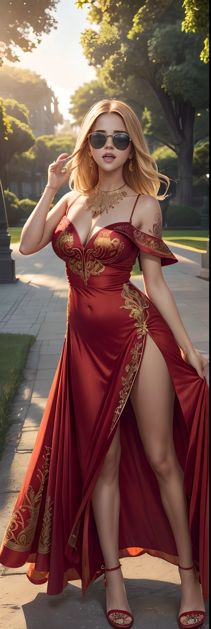 (huge Laughing:0.3), (open mouth:0.4), (wide open eyes:1.2) masterpiece,high quality,4k ,(((selena Gomez:Emma Watson:0.8))), blonde hair,bare shoulder,belly, Tattoos on the belly and Arms, wearing red sunglasses (((sunglasses)) adorning with aesthetic long red gown, beautiful golden embroided gown,red eyes, wearing Slingback footwear, stylish footwear, in a park, evening dusk time((extremely detailed face)), Full shot ,Full-length portrait, Wide field of view, Centered, {definiting attributes at top and bottom , left and right of figure to bind it}, perfect anatomy, (((Perfect face))), (((Extremely detailed face)))