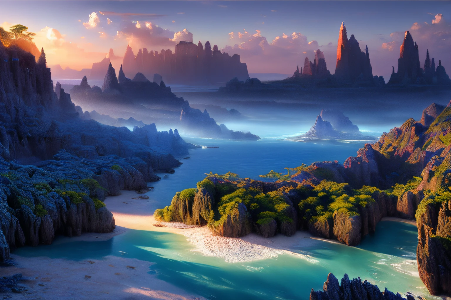 Landscape inside the earth, Agartha, mer cristalline bleu cobalt barque,glycine, Eau cristalline, coucher du soleil ,(Highly detailed CG Unit 8k wallpaper), The most beautiful work of art in the world, Professional majestic oil painting, complexe, High detail, mise au point nette, dramatique, Art of photorealist painting,