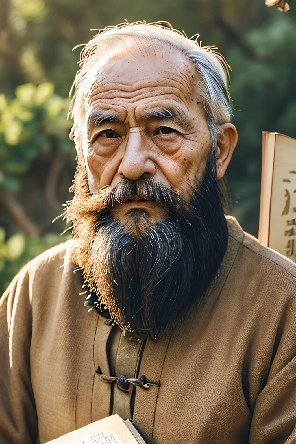 An old man with traditional Chinese thinking,Real frontal photos,Authentic background,The background is nature,Holding a book,worn-out clothing,Face full of wrinkles,80-year-old man,Wise eyes,The beard is white,male people,country style