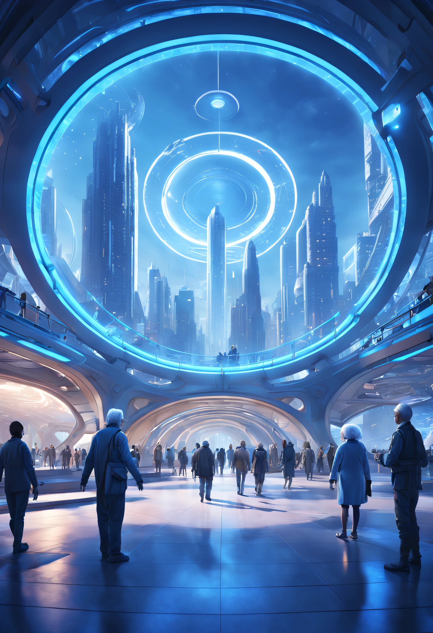 Y4nn, A futuristic nurturing community city,Elderly people are active in the city,In the center of its central circle there is a huge circular structure,It's blue light, sci-fy, a detailed matte painting, Space art, ultra - detailed, glowing from within, Masterpiece, Best quality