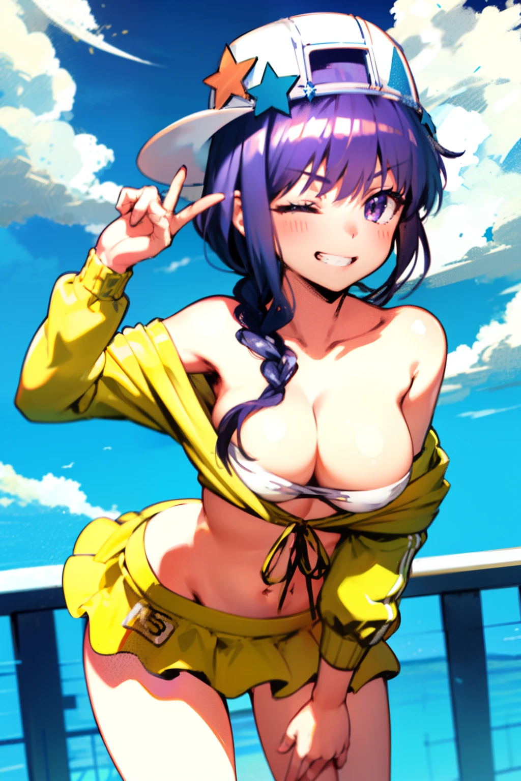 SwimMC1st, SSR1stCostume, 1girl, large breasts, smile, day, one eye closed, solo, blue sky, sky, blush, outdoors, railing, grin, bird, cloud, looking at viewer, teeth, leaning forward, own hands together,