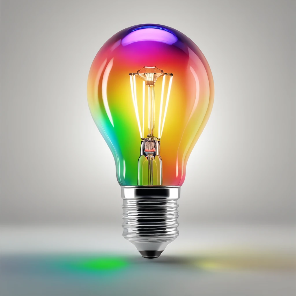 there is a light bulb that is glowing brightly on a white background, colored light, lightbulb, volumetric light , surreal, bright iridescent light, colorful light, strong iridescent light, light bulb, refracted lighting, colourful light, refracted light, an upright lightbulb, colorized photon, 3d style light refraction, by Jan Rustem