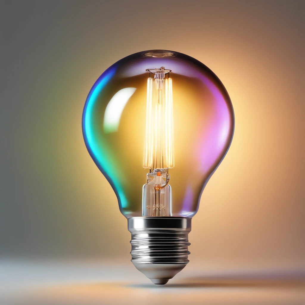 there is a light bulb that is glowing brightly on a white background, colored light, lightbulb, volumetric light ， surreal, bright iridescent light, colorful light, strong iridescent light, light bulb, refracted lighting, colourful light, refracted light, an upright lightbulb, colorized photon, 3d style light refraction, by Jan Rustem