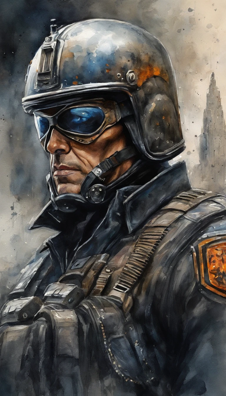 {{{Close up}}}, {Best quality}, {{Masterpiece}}, {A high resolution}, Original, Extremely detailed 8k wallpaper, A man wearing a police motorbike helmet, Terminator 2, Judgement day, science fiction writer style, adventure, mega city, grasping power